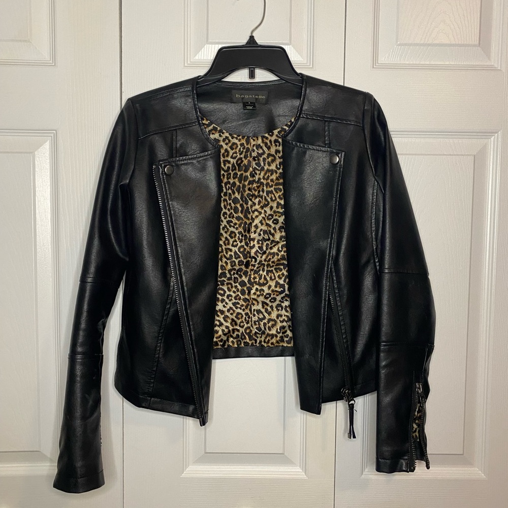 Vegan Leather Jacket w/ Leopard Print Lining